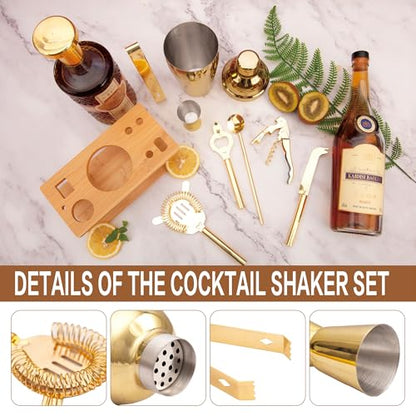 JNWINOG 9Pcs-Cocktail Shaker Set Bartending Kit Cocktail Bar Set Cocktail Mix Drink Making Kit Professional Bar and Home Drink Bar Tools for Bartender (Gold, 9Pcs) - color: Gold, size: 9Pcs