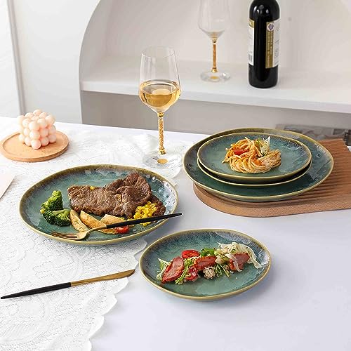 Henten Home Ceramic Appetizer Plate Set, 6.75 Inch Dessert Plates, Reactive Glaze Serving Plates for Snack, Sushi, Set of 4, Microwave & Dishwasher Safe (Green) - color: Green, size: 6.75 inch