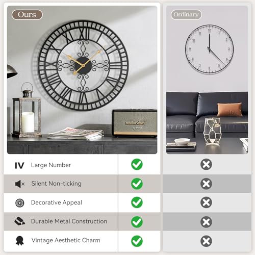 20" Large Wall Clock, Big Clock for Living Room Decorative, Black Large Wall Clocks Battery Operated with Metal Roman Numeral, Completely Silent, Non-Ticking for Bedroom, Kitchen,Fireplace - size: 20 inch