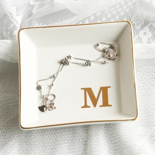 COLLECTIVE HOME - Ceramic Jewelry Tray, Monogram Decorative Trinket Dish for Rings Earrings Necklaces Bracelet Watch Keys, Birthday Mother's Day Christmas Gift for Women, 4" x 4" (M) - color: M