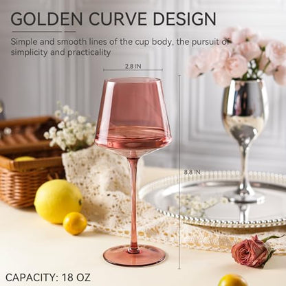 Rose Wine Glasses Set of 6,18oz Rose Wine Glassware Gift Set for Wife & Mom-Colorful Hand Blown Glass Drinkware for Red White Wine - color: Rose