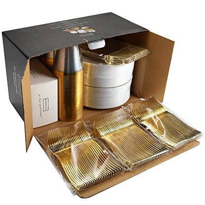 Gold Dessert Plates Set, 100 Wedding Plates Forks Cups and Napkins, 7.5 In | Sturdy plastic, cake service, appetizer tables, salad course, weddings, birthdays, easy cleanup - color: Gold, style: Plates,Forks,Napkins and Cups