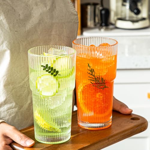 Ribbed Glass Tumbler Set of 4-20oz Coffee Tumbler with Lids and Straws - Leakproof Inverted for Iced Coffee, Smoothies & Cocktails - Glasses Drinking Set & Drinking Cups Durable Glassware