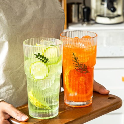 Ribbed Glass Tumbler Set of 4-20oz Coffee Tumbler with Lids and Straws - Leakproof Inverted for Iced Coffee, Smoothies & Cocktails - Glasses Drinking Set & Drinking Cups Durable Glassware