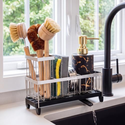 ZenSink Sponge Holder for Kitchen Sink, Kitchen Sink Caddy Organizer with Drain Tray, High Brush Holder, Rustproof 304 Stainless Steel Kitchen Counter Organizer