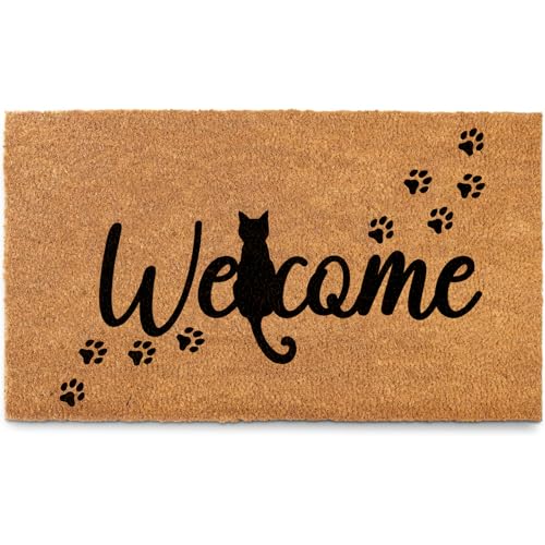 Funny Welcome Doormat Coir Funny Black Cat Paw Door Mat with Non-Slip Rubber Backing Indoor Outdoor Entrance Mats Rugs for Front Door Patio Home Decor 32x20 Inches - color: Welcome Cat Brown