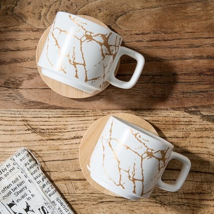 LUKA Porcelain Espresso Cup with Saucer and Metal Stand, 4 Ounce Stackable Ceramic Demitasse Espresso Mugs Cups Set for Latte,Coffee,Cafe Mocha,Tea(Set of 4),Marbling White - color: White Marbling