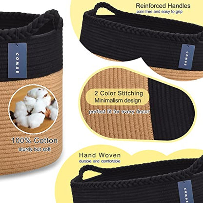 COMSE XXXLarge Woven Blanket & Laundry Basket, 87L, Black & Camel | 21.7" x 13.8", Cotton Rope, Nursery Hamper for Storage of Toys Clothes Towels, Ideal for Living Room Bedroom Bathroom - color: Black & Camel