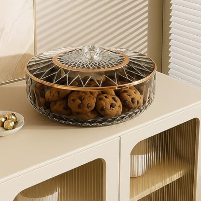 Clear Divided Snack Serving Tray with Lid – 6-Compartment Party Platter with Rose Gold Accent Lines for Candy, Fruit, Nuts, Chips, Appetizers & Desserts