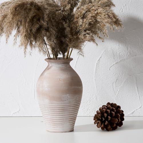 Ceramic Rustic Farmhouse Vase, 9.2 inch Whitewashed Terracotta Vase | Pottery Decorative Vases,Clay Decorative Vases for Home Decor, Table, Living Room, Shelf, Mantel Decoration(Terracotta) - color: Terracotta White