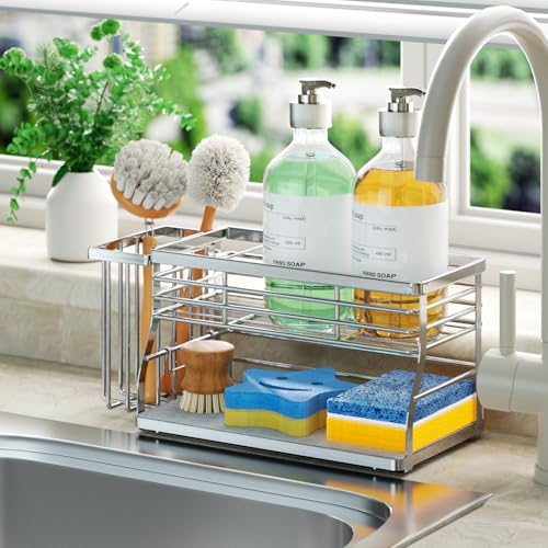 SWTYMIKI Kitchen Sink Caddy Organizer, 2 Tier Sponge Holder for Kitchen Sink with Instant Drying Stone, Removable Brush Holder for Fast Drying on Countertop, Silver - color: Silver-2 Tier