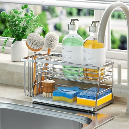 SWTYMIKI Kitchen Sink Caddy Organizer, 2 Tier Sponge Holder for Kitchen Sink with Instant Drying Stone, Removable Brush Holder for Fast Drying on Countertop, Silver - color: Silver-2 Tier