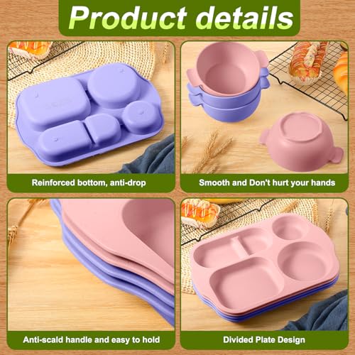 Honoson 24 Pcs Wheat Straw Dinnerware Cutlery Set, Service for 4, Unbreakable Plates and Bowls Set - Divided Plates, Bowls, Spoons, Forks & Knives, Microwave & Dishwasher Safe(Light Purple and Pink) - color: Light Purple, Light Pink