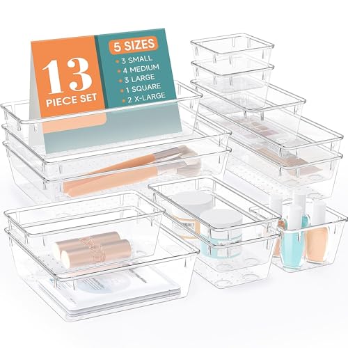 13 PCS Drawer Organizer Set, 5 Size Bathroom and kitchen organizer Trays | Bathroom and kitchen Drawer cabinet organizer Trays, Clear Storage Bins for Makeup, Jewelry, Utensils and Gadgets - color: Clear, size: 13 PCS