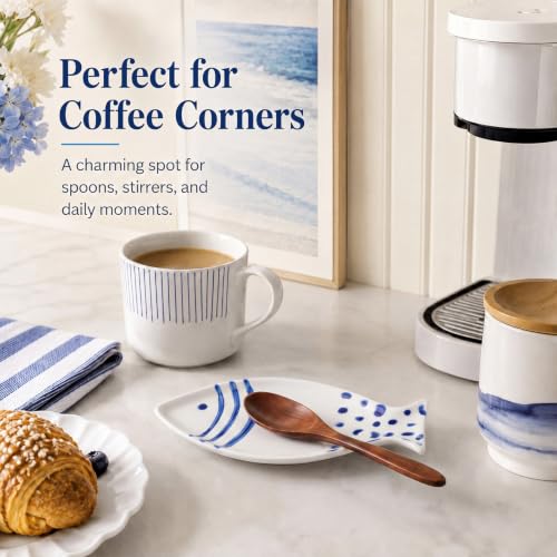 Ceramic Fish Spoon Rest for Kitchen Coastal Ocean Decoration | Spoon Holder for Stove Counter, Blue White, Cutlery Rest, Ocean Lovers, Housewarming Gifts, 7.87 x 3.94 Inches - style: Fish