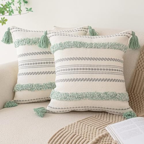 BUIOVBEY Boho Throw Pillow Covers Woven Tufted Pillow Cases with Tassels | Farmhouse Pillow Covers 20x20 Set of 2 Textured Striped Cushion Case Neutral Decorative Pillowcase for Sofa Couch Light Green - color: Light Green, size: 20" x 20" (Pack of 2)