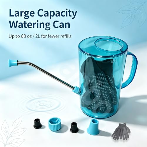 Small Watering Can 2L with Long Spout, Plastic，Blue | 68oz Capacity, Lightweight Design, Indoor & Outdoor Use, Portable, Long Reach Spout - color: Blue