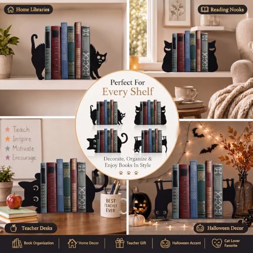 8 Pcs Black Cat Metal Bookends Set of 4 Cute Book Ends for Shelves Decorative Bookshelf Home Office Desk Bookshelf Decor Gift for Cat Lovers and Reading Enthusiasts - style: Various Cats