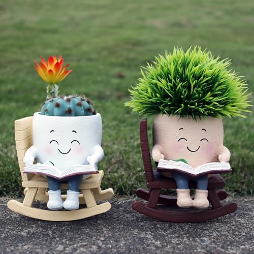 Dolkgy Cute Plant Pots Head Planters, Funny Rocking Chair Reading Book Planter Cactus Face Pot with Drainage Hole for Indoor Outdoor Plants, Unique Plant Lover Gifts - color: Khaki