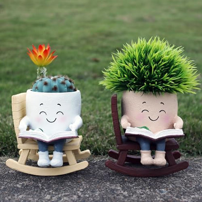 Dolkgy Cute Plant Pots Head Planters, Funny Rocking Chair Reading Book Planter Cactus Face Pot with Drainage Hole for Indoor Outdoor Plants, Unique Plant Lover Gifts - color: Khaki