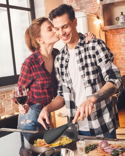 Multifunction Spoon for Nonstick Cookwares, Great for Cooking and Serving, Sturdy BPA-Free Matte Silicone, Wood Handle Spoonula for Mixing, Scoop, and Scrape, Grey(2 pack,11.4" & 13.4") - color: Gray
