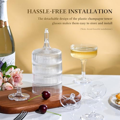 Goodluck 4-Tier Champagne Tower - 20PCS 7oz Clear Plastic Champagne Flutes | Plastic Coupe Glasses with Vertical Stripes for Weddings, Celebrations, Parties & Birthdays - color: Clear