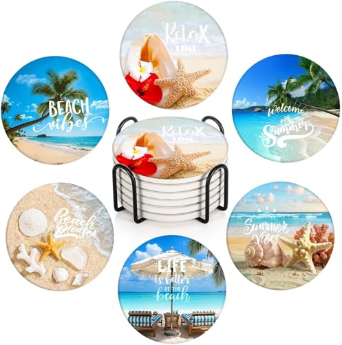 Coasters for Drinks, Set of 6, Ceramic Stone, Beach Tropical | Caribbean Landscape Absorbent Round Table Mat with Cork Base and Metal Holder Gift for Housewarming Room Bar Decor - color: Beach Landscape