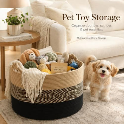 KAKAMAY Large Blanket Basket (20"x13"),Woven Rope Baskets for storage Baby Laundry Hamper, Cotton Rope Blanket Basket for Living Room, Laundry, Nursery, Pillows,Baby Toy chest (Jute/Black) - color: Black