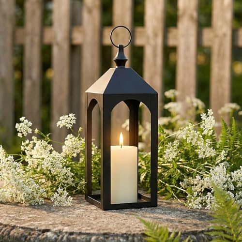 17 Inch Black Metal Outdoor Lantern with Hanging Ring Modern | Farmhouse Candle Lanterns for Porch Patio Fireplace Tabletop Decor No Glass Panel - size: 17Inch