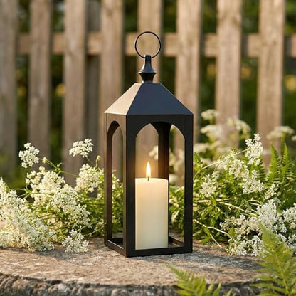 17 Inch Black Metal Outdoor Lantern with Hanging Ring Modern | Farmhouse Candle Lanterns for Porch Patio Fireplace Tabletop Decor No Glass Panel - size: 17Inch