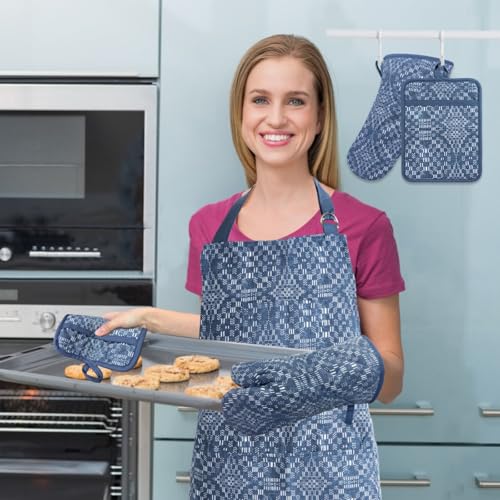 Oven Mitts and Pot Holders with Cooking Apron Set of 5, Heat Resistant Kitchen Gloves and Silicone Non-Slip Potholders (Dusty Blue) - color: Dusty Blue