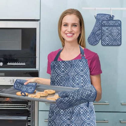 Oven Mitts and Pot Holders with Cooking Apron Set of 5, Heat Resistant Kitchen Gloves and Silicone Non-Slip Potholders (Dusty Blue) - color: Dusty Blue