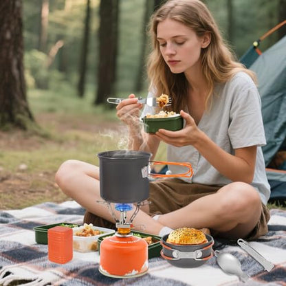 REDCAMP 6/10/11/12/14/15/19 PCS Camping Cookware Mess Kit Camping Gear Campfire Utensils Lightweight Stackable Pot Pan Bowls Soup Spoon with Storage Bag for Camping, Backpacking, Outdoor Cooking - style: Orange,6pcs W/Stove