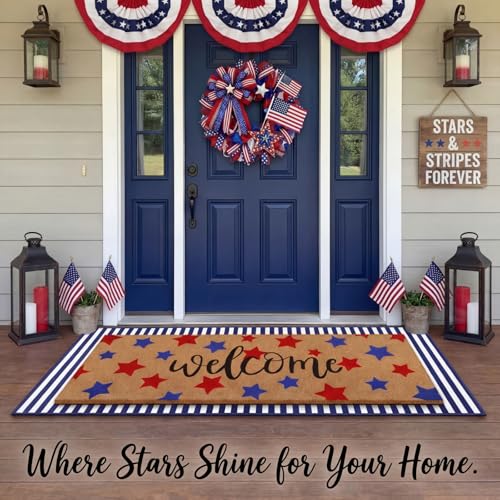 Tinideya 2 Pcs Long 4th of July Layered Outdoor Doormat 47"x17" 250th Anniversary Patriotic Star Coir Welcome Mat with Red White Blue Stripe Rug for Memorial Day Front Porch Entryway Home Decor - style: Stripe