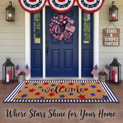 Tinideya 2 Pcs Long 4th of July Layered Outdoor Doormat 47"x17" 250th Anniversary Patriotic Star Coir Welcome Mat with Red White Blue Stripe Rug for Memorial Day Front Porch Entryway Home Decor - style: Stripe