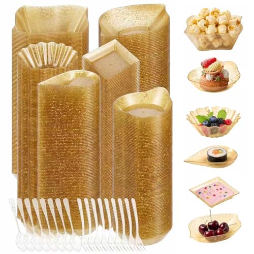 1200 Pcs Gold Mini Disposable Appetizer Plates Set Include 6 Shaped Mini Dessert Plates, Fork-Spoon, Exquisite And Cute Banquet And Party Desechables Para Postres For Dessert And Appetizers - color: Golden