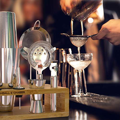 Highball & Chaser 13-Piece Boston Cocktail Shaker Set Stainless Steel Mixology Bartender Kit With Stand For Home Bar Cocktail Set | Laser Engraved Cocktail Tools | Plus E-Book with 30 Cocktail Recipes - color: Natural