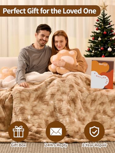 Bearhug Electric Blanket King Size with Dual Controls, 10 Heat Levels & 1-12H Auto Shut-Off, Fast Heating Soft Faux Fur to Sherpa Heated Blanket for Couples, Machine Washable, Champange - color: Champagne-faux Fur & Sherpa, size: King Size 100" × 90"