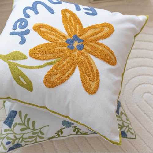 YIcabinet Pillow Covers Set of 2, Embroidered Yellow Flower Pattern Throw Pillow Cover,Square Cotton Cushion,Pillow Case for Sofa Bedroom Couch,18"x18" - color: Yellow15