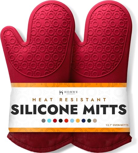 BPA-Free Silicone Oven Mitts Ultra Heat Resistant up to 500°F - Oven Mitts with Thick Cotton Liner - Long Slip Resistant Pot Holders, Flexible Oven Gloves - Empire Red 13.7 - color: Empire Red, size: 2-Piece 13.7" Oven Mitts