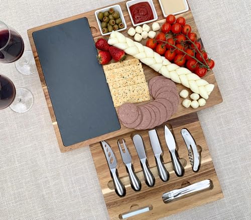 Custom Engraved Acacia Charcuterie Board & Slate Cheese Platter – Large 17" x 13" Cheese Board with Knives – Custom Thanksgiving Gift - color: Design #25