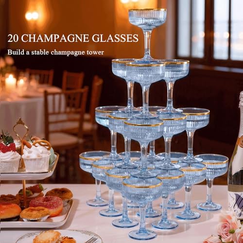 Goodluck 4-Tier Blue Champagne Tower - 20PCS 7oz Champagne Flutes Gold Rim | Plastic Coupe Glasses with Vertical Stripes for Weddings, Celebrations, Parties & Birthdays - color: Blue Gold Rim