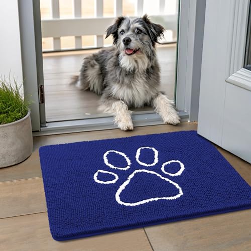 Smiry Dog Door Mat for Muddy Paws, Absorbent Non Slip Dirt Trapper, 24x16 | Navy Blue and White, Quick Dry Washable Chenille Mat for Mud Dogs, Entry Rug for Indoor and Outdoor - color: Navy Blue and White, size: 24"X16"