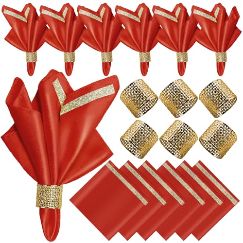 12 Pack Cloth Napkins and Gold Napkin Rings Set of 6, 17x17 Bling Trim Satin Cocktail Napkins Cloth Washable Personalized Dinner Napkins for Wedding Party Holiday Decorative | 17x17 Inch Personalized Red Napkins Set, Washable Fancy Dinner & Cocktail Napki
