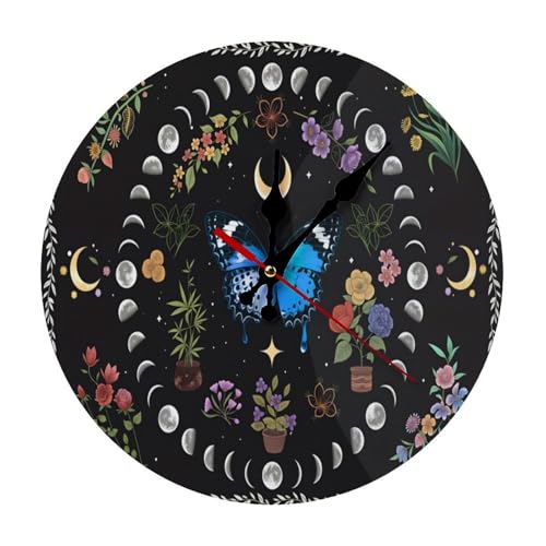 Boho Floral Butterfly Moon Minimalist Silent Wall Clock 11.8x11.8 inches, Modern Round Wooden Clock Without Numbers for Bedroom Living Room Office Home Decor - color: Boho Floral Butterfly Moon, size: 11.8x11.8 inches