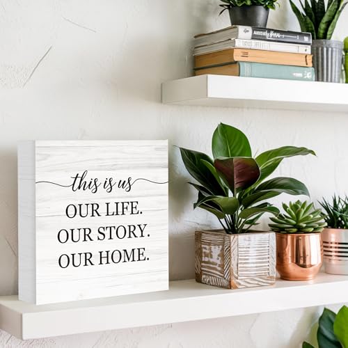 This Is Us Our Life Our Story Our Home Wooden Box Sign Decor, Family Signs for Living Room Entryway, Welcome Plaques for Desk Table Wall, Housewarming Gifts for New Home, 5x5 Inch