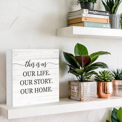This Is Us Our Life Our Story Our Home Wooden Box Sign Decor, Family Signs for Living Room Entryway, Welcome Plaques for Desk Table Wall, Housewarming Gifts for New Home, 5x5 Inch
