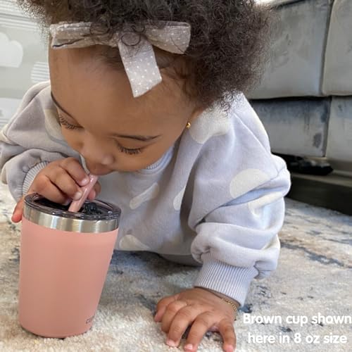 CUPKIN Toddler Tumblers, The Original 12 oz Stackable Stainless Steel Cups, Set of 2 Powder Coated Insulated Kids Water Bottle Alternative + BPA Free Lids + Reusable Silicone Straws (Brown + Peach) - color: Brown + Peach, size: 12 Fl Oz (Pack of 2)