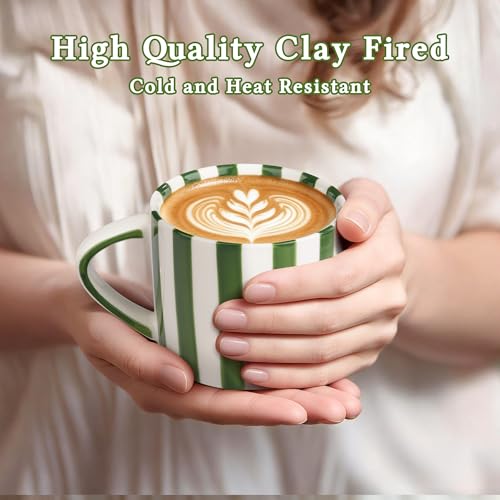 Ceramic Coffee Mug,9oz Hand-Painted Green Espresso Cup & Saucer | Vertical Striped Art Small Cute Aesthetic Cup with Handle,Porcelain Stylish Mug Set Suit for Tea Matcha Latter,Multiple Use