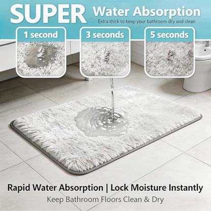 Shaggy Bathroom Rugs Set Plush Velvet Bath Rugs Non-Slip Bath Mat Set 3 Piece,Washable Mats,Absorbent Shaggy Rugs Super Soft U-Shaped Toilet Rug,Bahroom Carpets for Bathroom,Tub,Shower(White - color: White